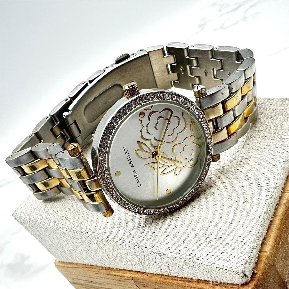 Laura Ashley Womens Watch Two Tone Silver Gold Crystal Bezel Floral Face Links